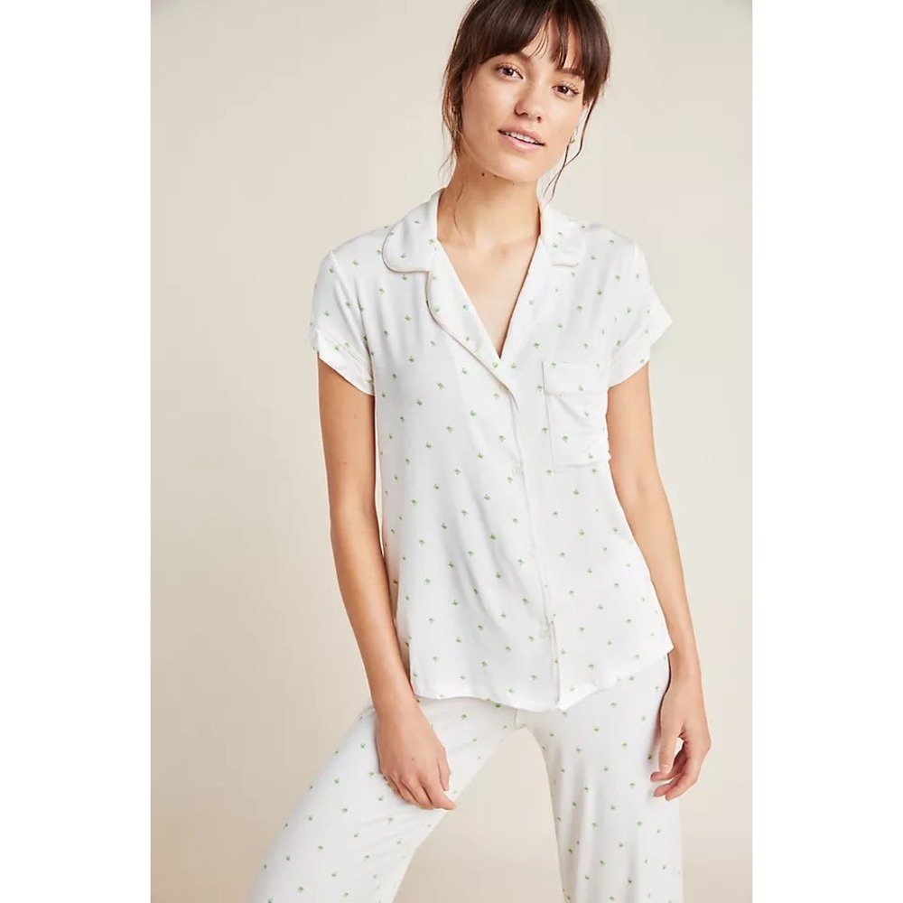 Eberjey Womens Giving Palm Pajama Top XS White Green Short Sleeve Button Up